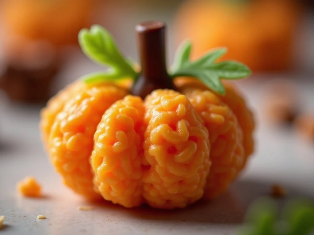 Decorated pumpkin Rice Krispie treat with candy stem and green leaf
