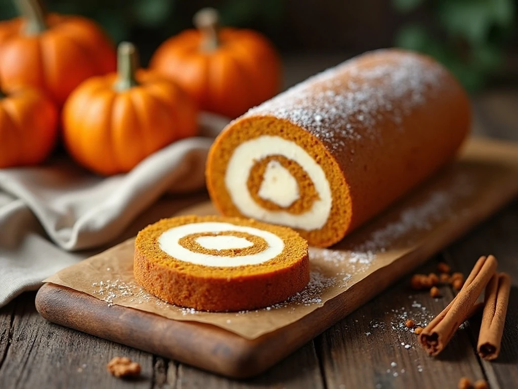 Sliced homemade pumpkin roll with cream cheese filling on an autumn dessert table