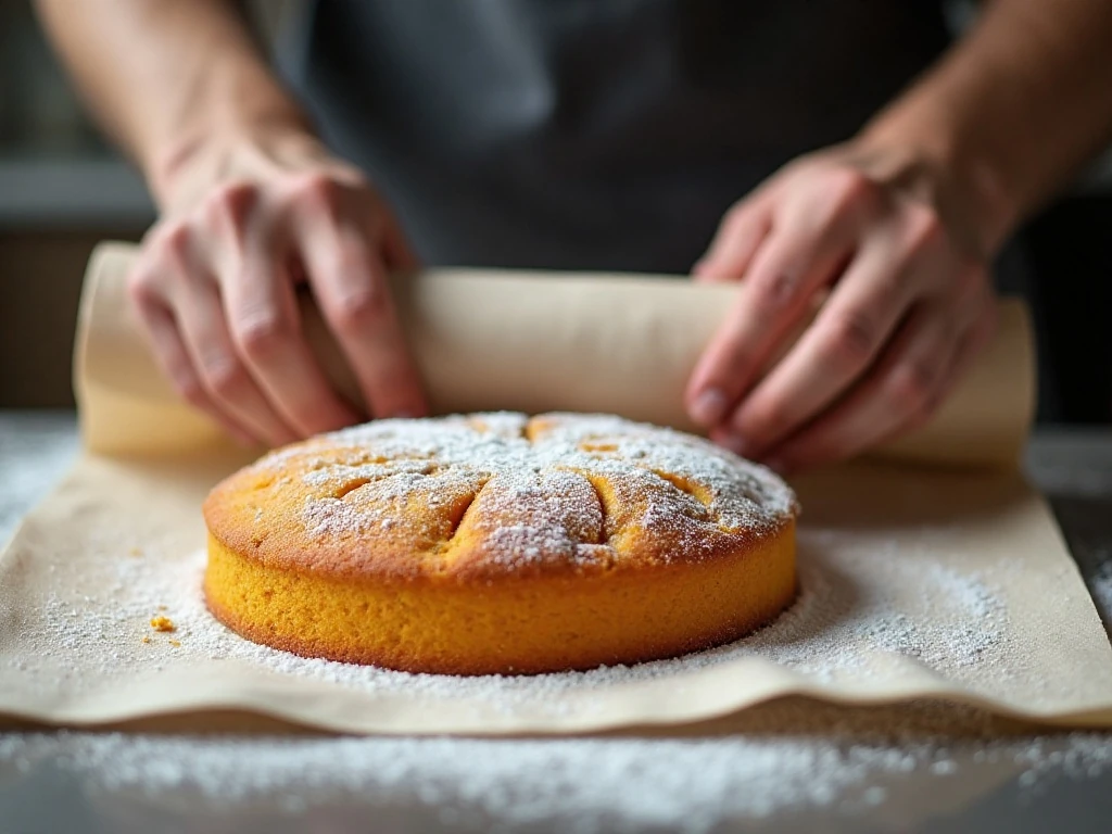 Warm pumpkin cake being rolled in a powdered sugar dusted towel