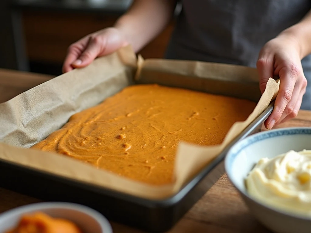 Pumpkin roll batter spread evenly in a parchment-lined jelly-roll pan