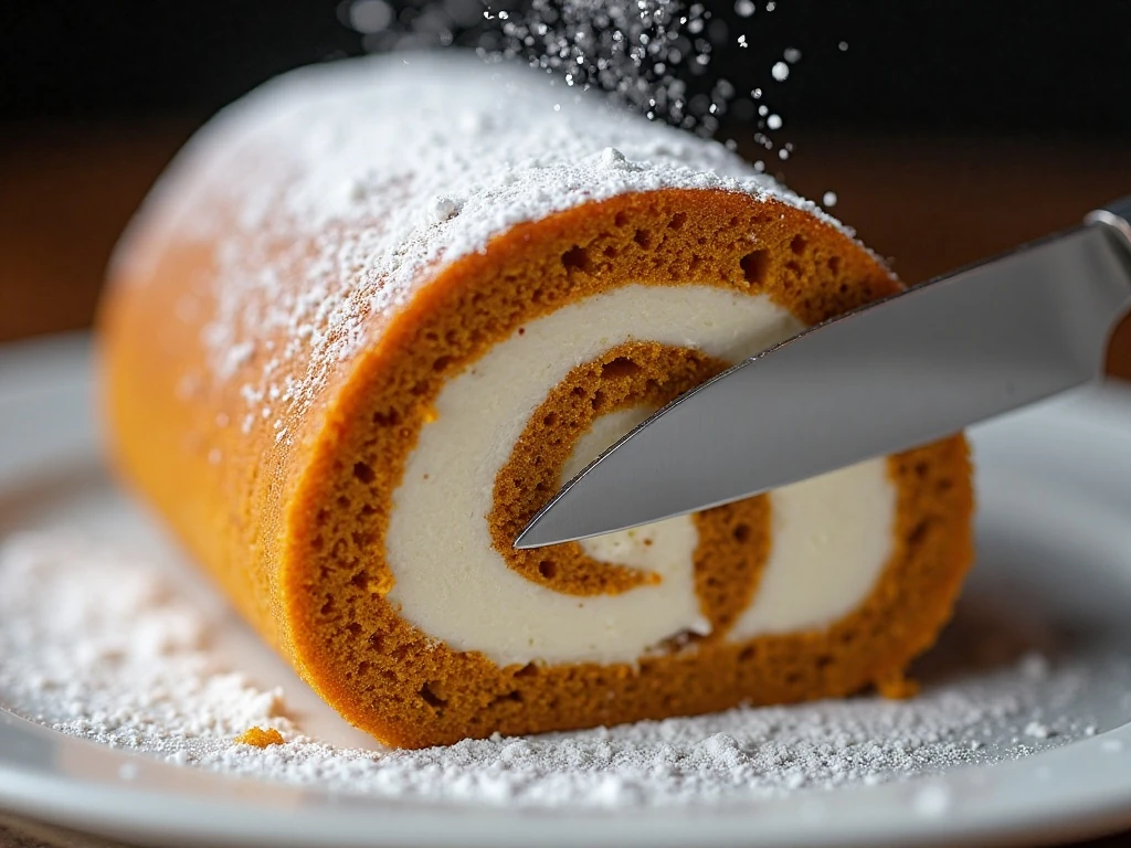 Clean slice through chilled pumpkin roll with powdered sugar