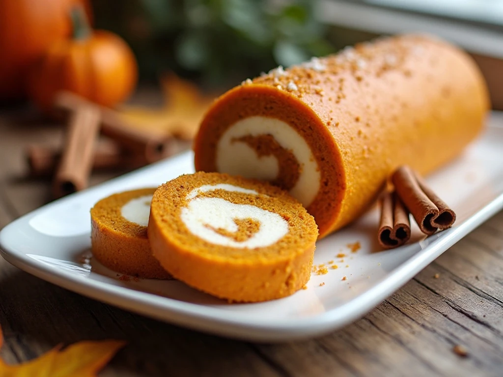 Sliced pumpkin roll with cream cheese filling on a festive dessert table