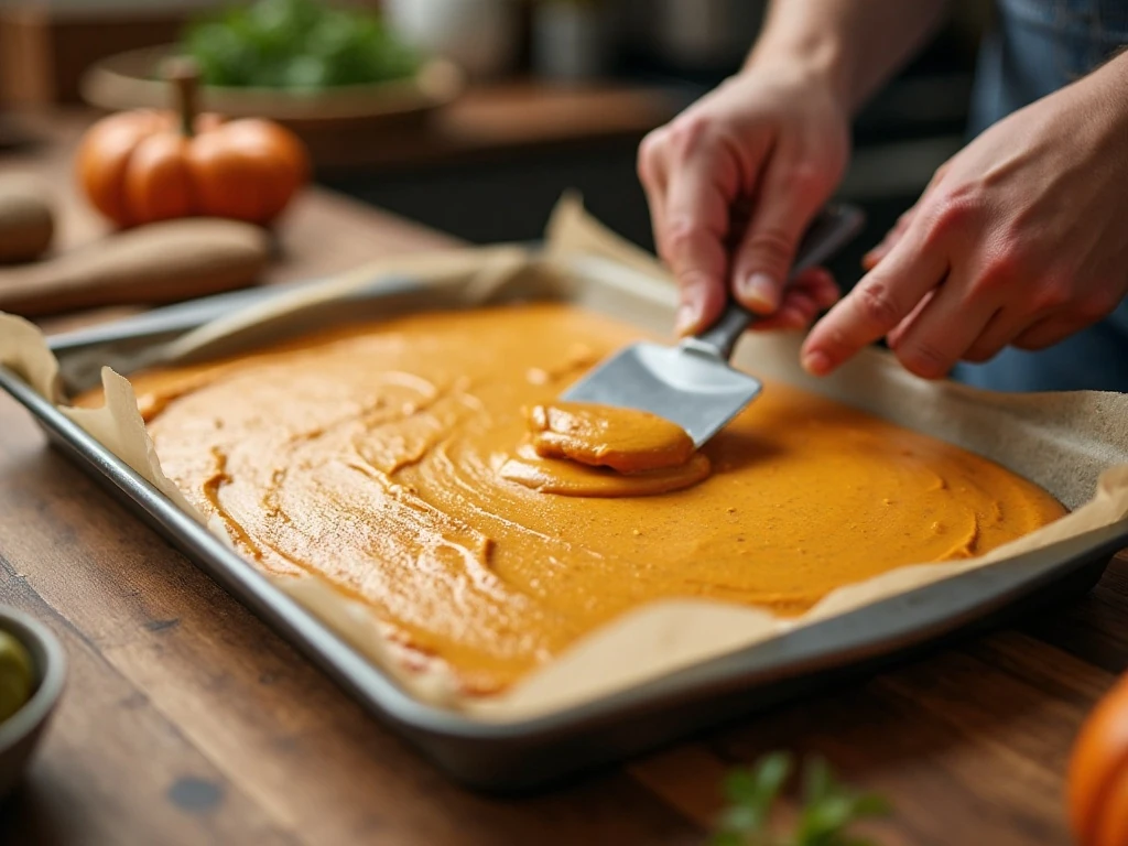 Pumpkin cake batter being spread in a jelly-roll pan