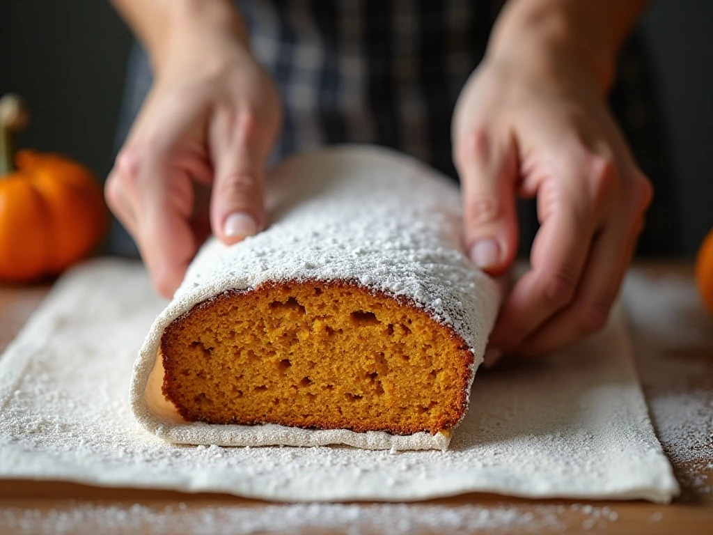 Warm pumpkin cake rolled in a powdered sugar dusted towel