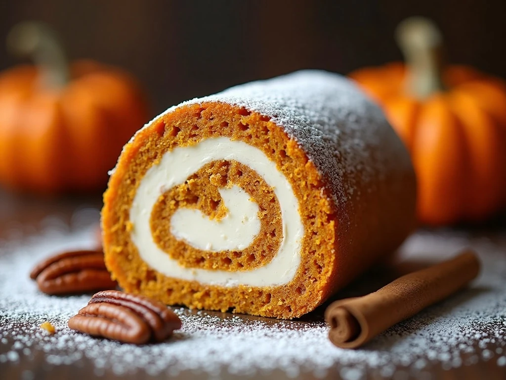 Close-up slice of pumpkin roll dusted with powdered sugar