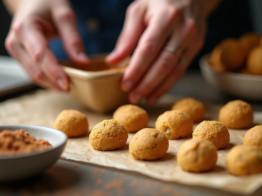 Portioning pumpkin snickerdoodle dough and coating it in cinnamon sugar