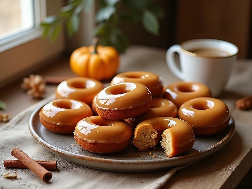 Pumpkin spice baked donuts with maple walnut glaze arranged on a serving platter