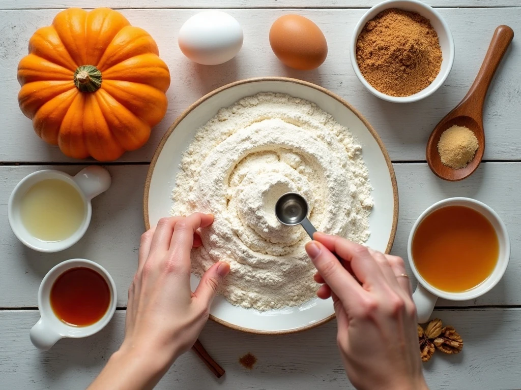 Ingredients for pumpkin spice baked donuts and walnut glaze