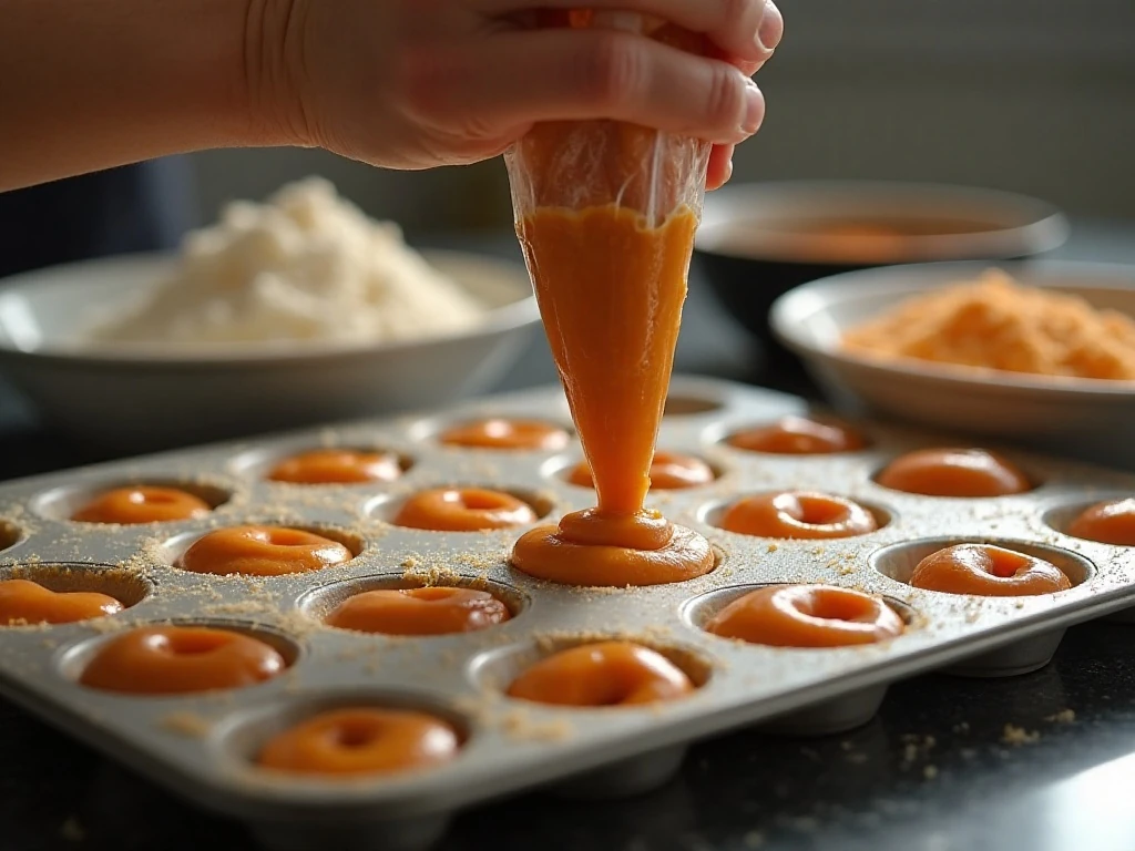 Pumpkin donut batter being piped into a prepared donut pan