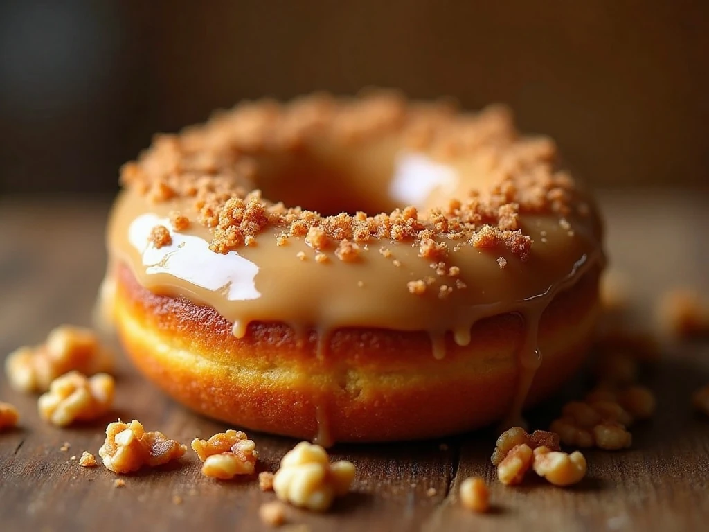Close-up of maple walnut glaze and toasted walnuts on a pumpkin donut