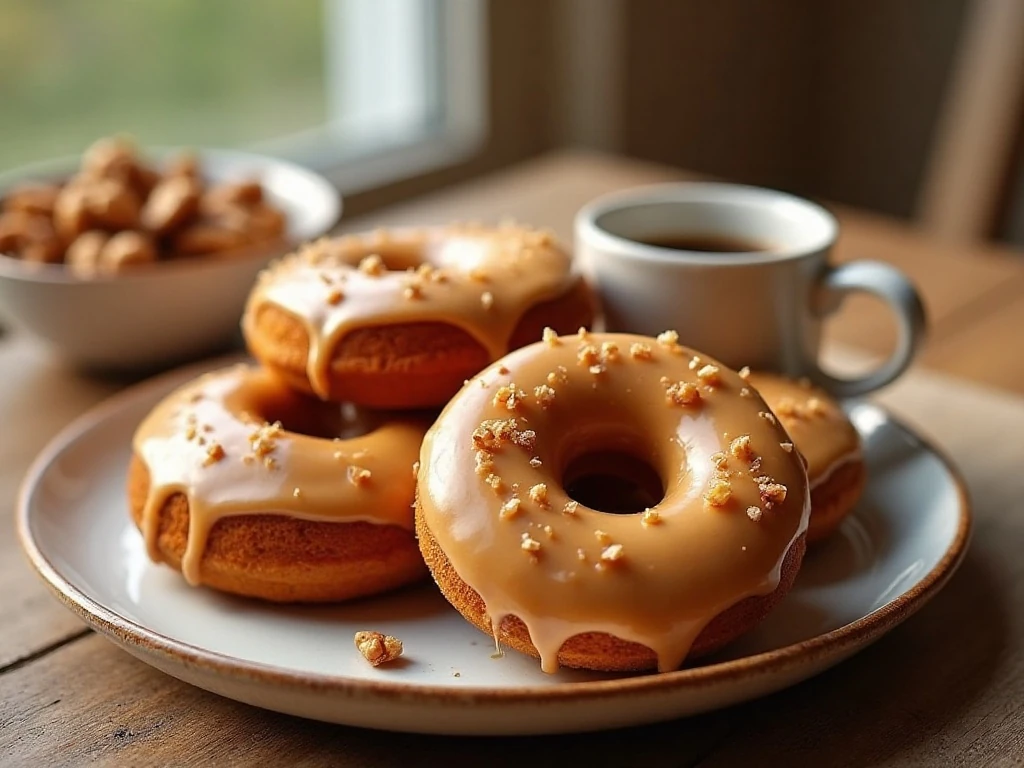 Glazed pumpkin donuts served with coffee and toasted walnuts