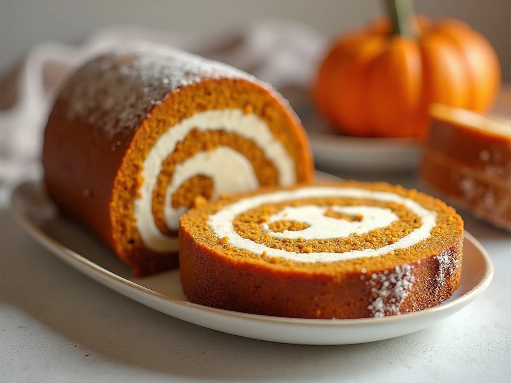 Pumpkin spice cake roll with cream-cheese filling arranged for serving