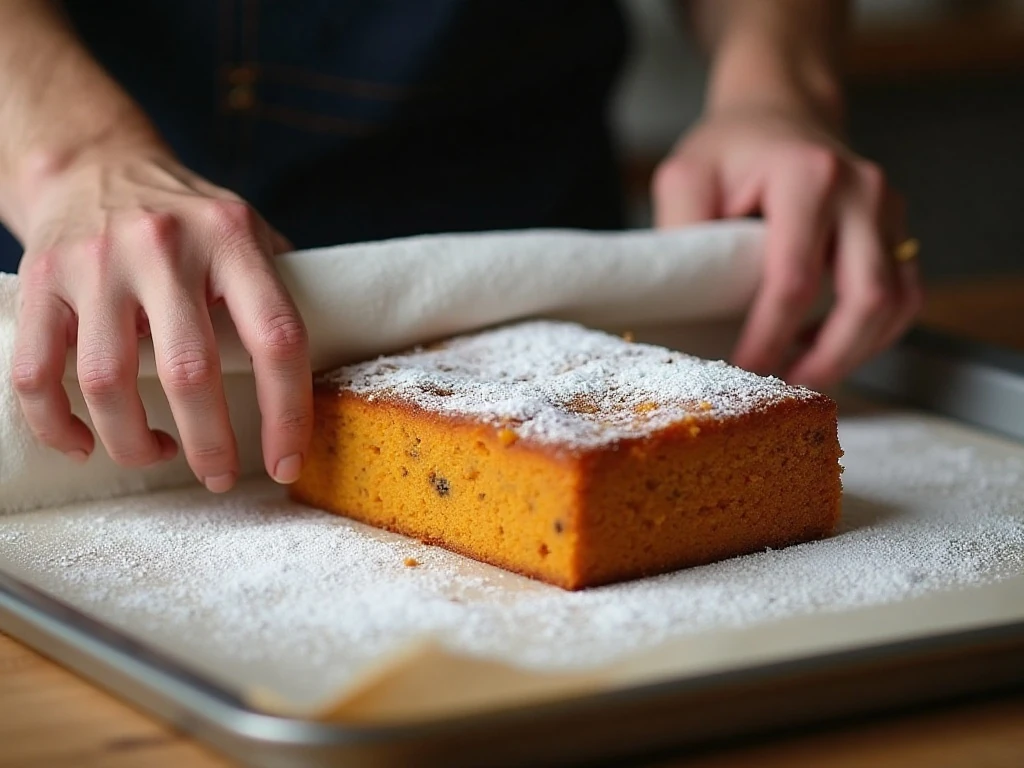Rolling the warm pumpkin cake in a powdered-sugar-dusted towel