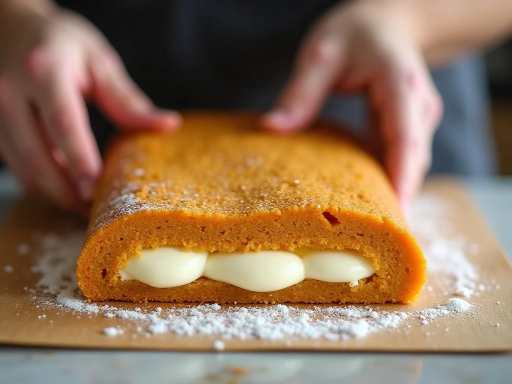 Spreading cream-cheese filling evenly over pumpkin cake