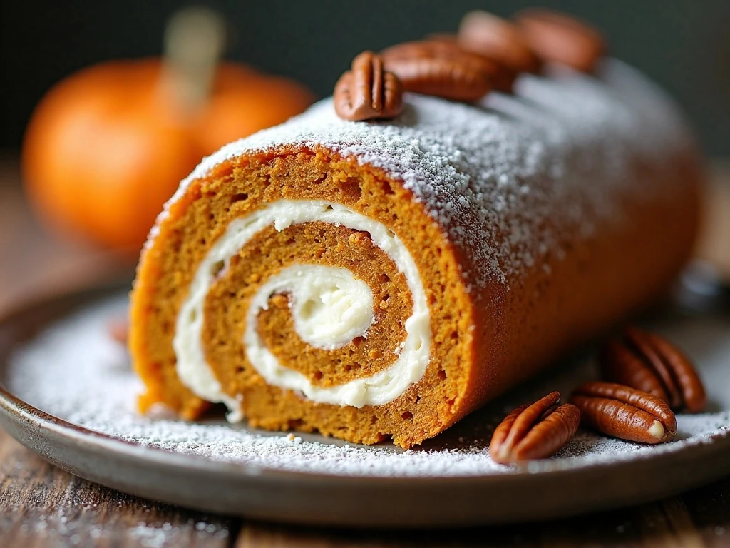 Sliced pumpkin cake roll dusted with powdered sugar and pecans
