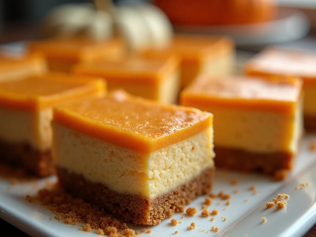 Pumpkin spice cheesecake bars arranged on a serving platter