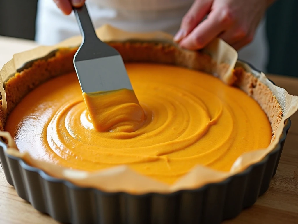 Pumpkin cheesecake batter spread over graham cracker crust