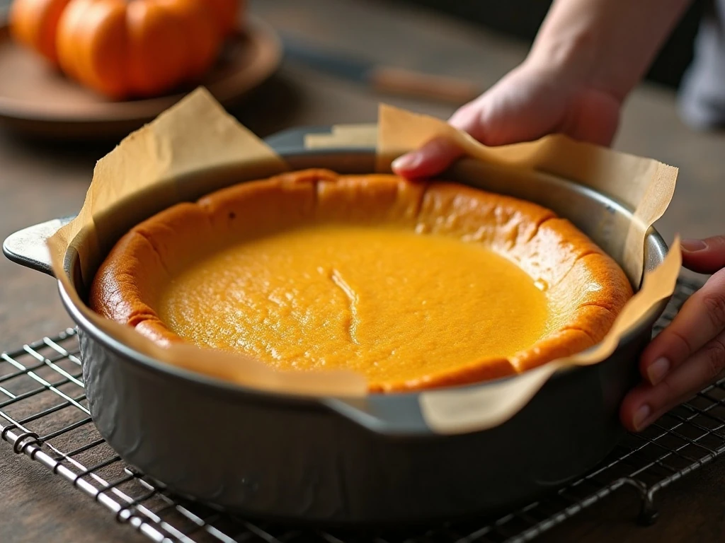 Freshly baked pumpkin cheesecake bars cooling in a pan