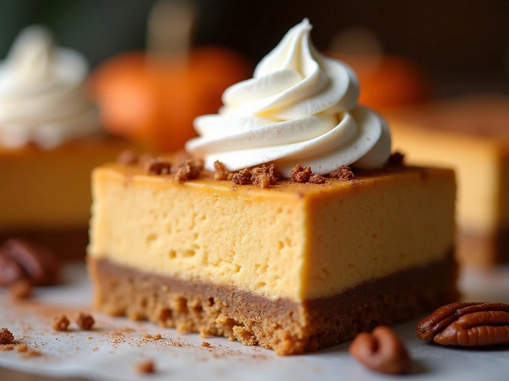 Pumpkin cheesecake bar with whipped cream cinnamon and pecans