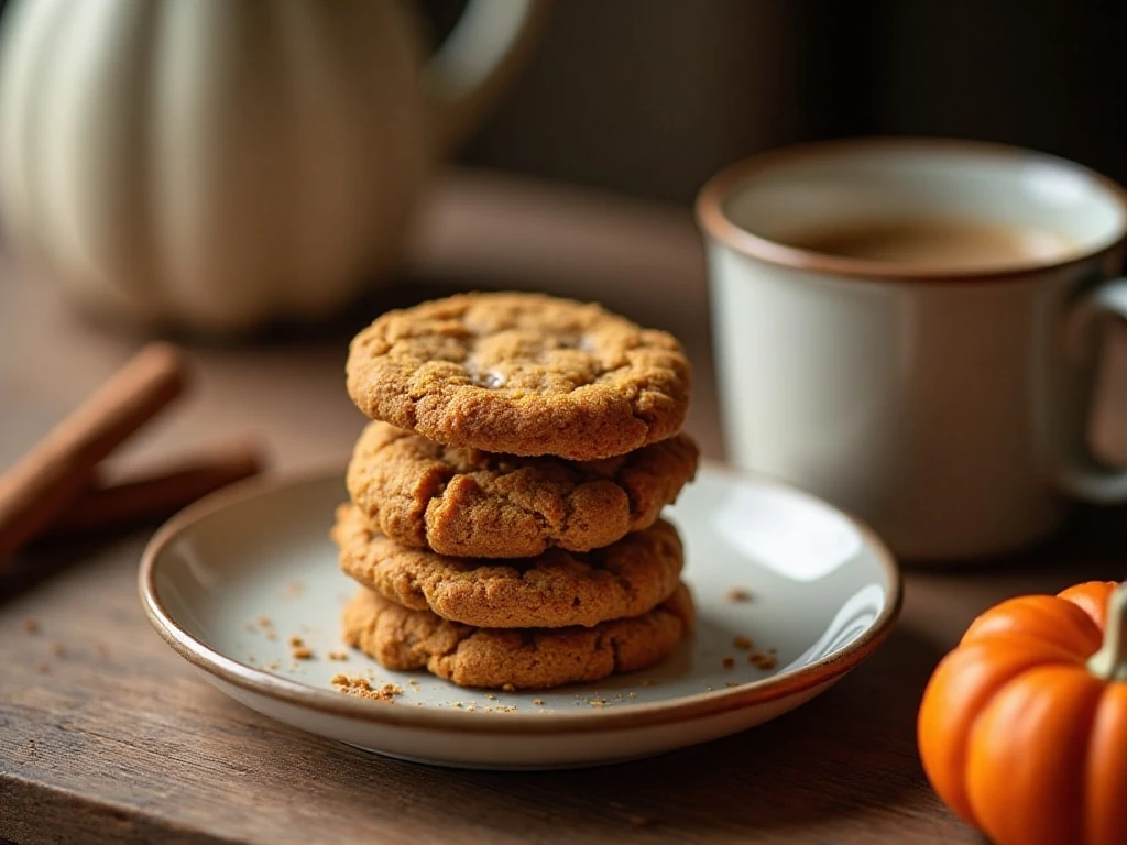 Stack of soft and chewy pumpkin spice cookies served with coffee