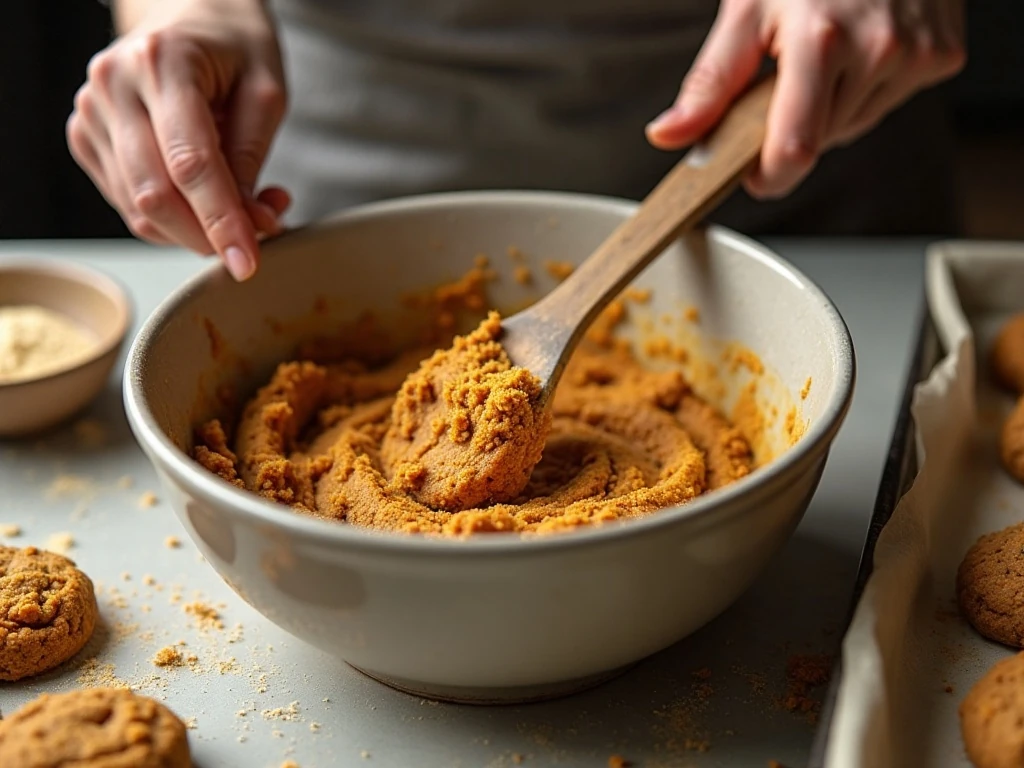 Mixing pumpkin spice cookie dough before chilling