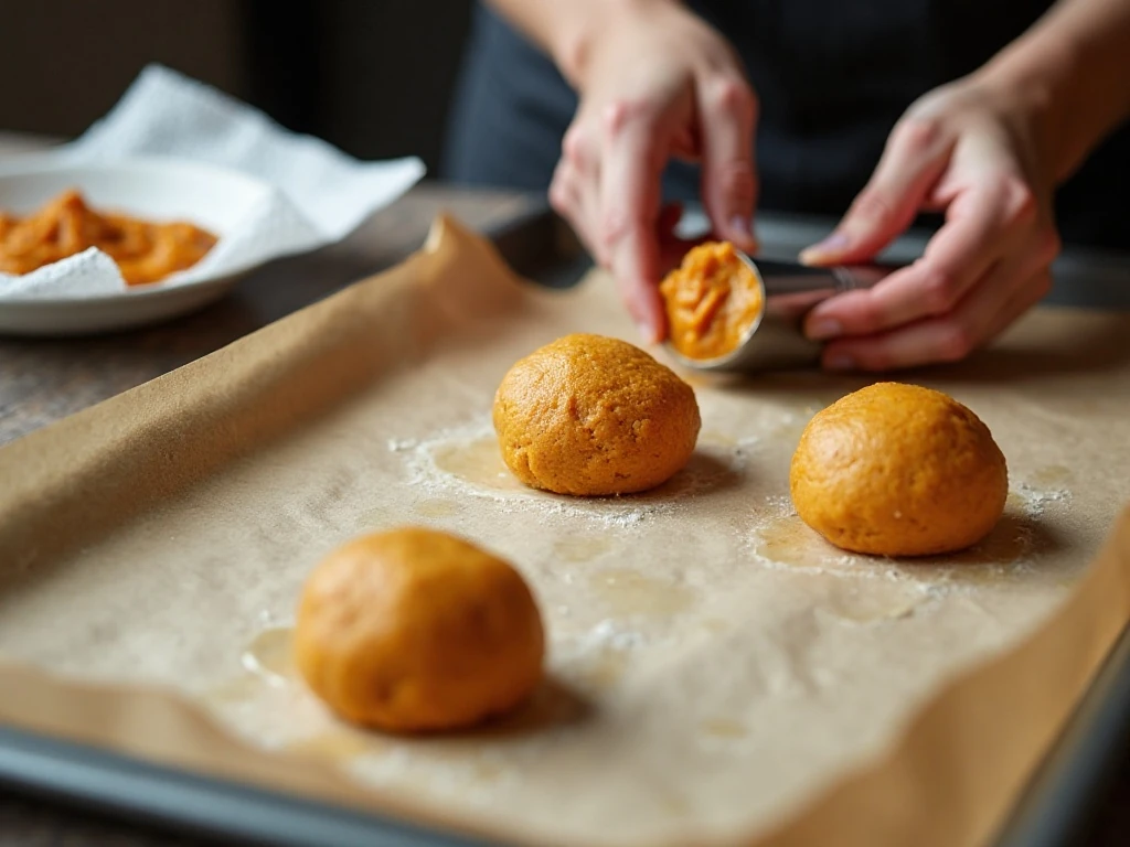 Chilled pumpkin cookie dough portions on a baking sheet