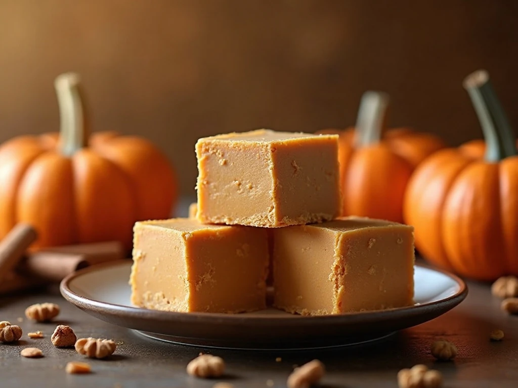 Small squares of creamy pumpkin spice fudge arranged on a dessert platter