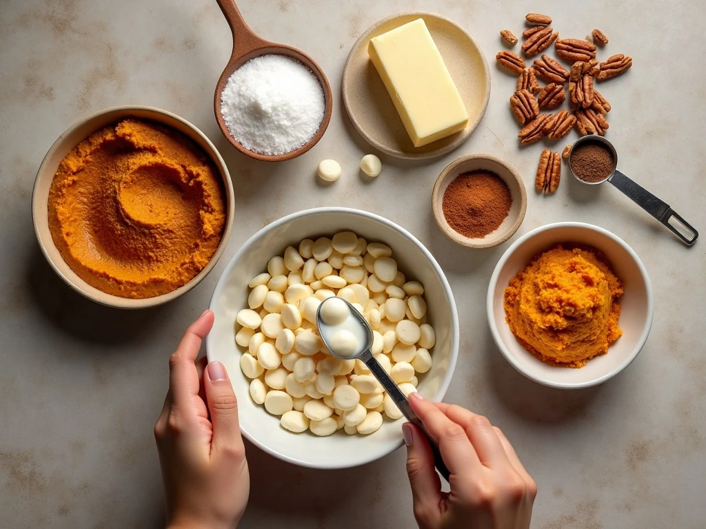 Measured ingredients for homemade pumpkin spice fudge