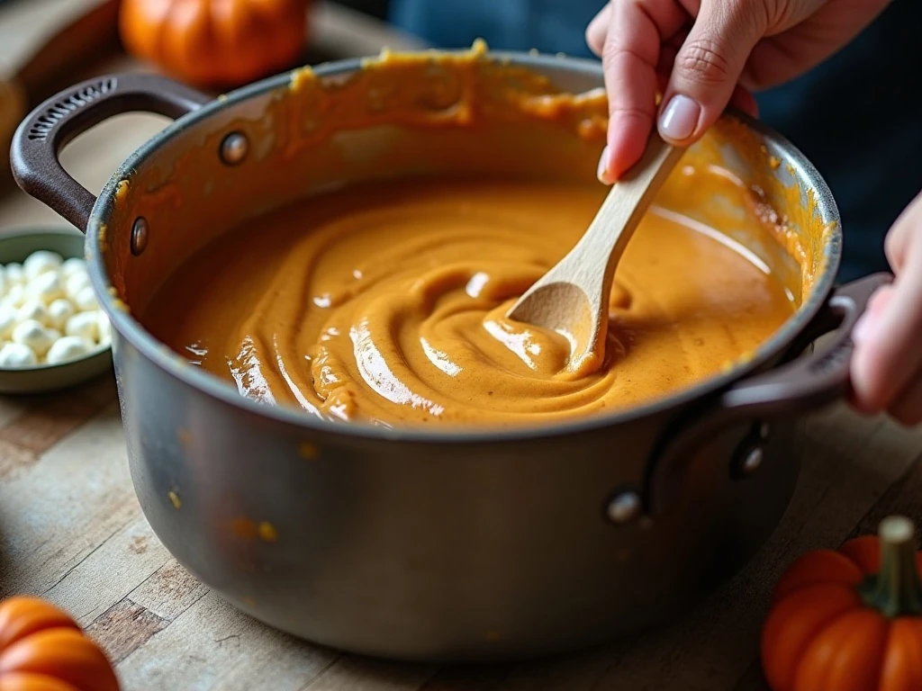 Pumpkin fudge mixture cooking in a saucepan with a candy thermometer