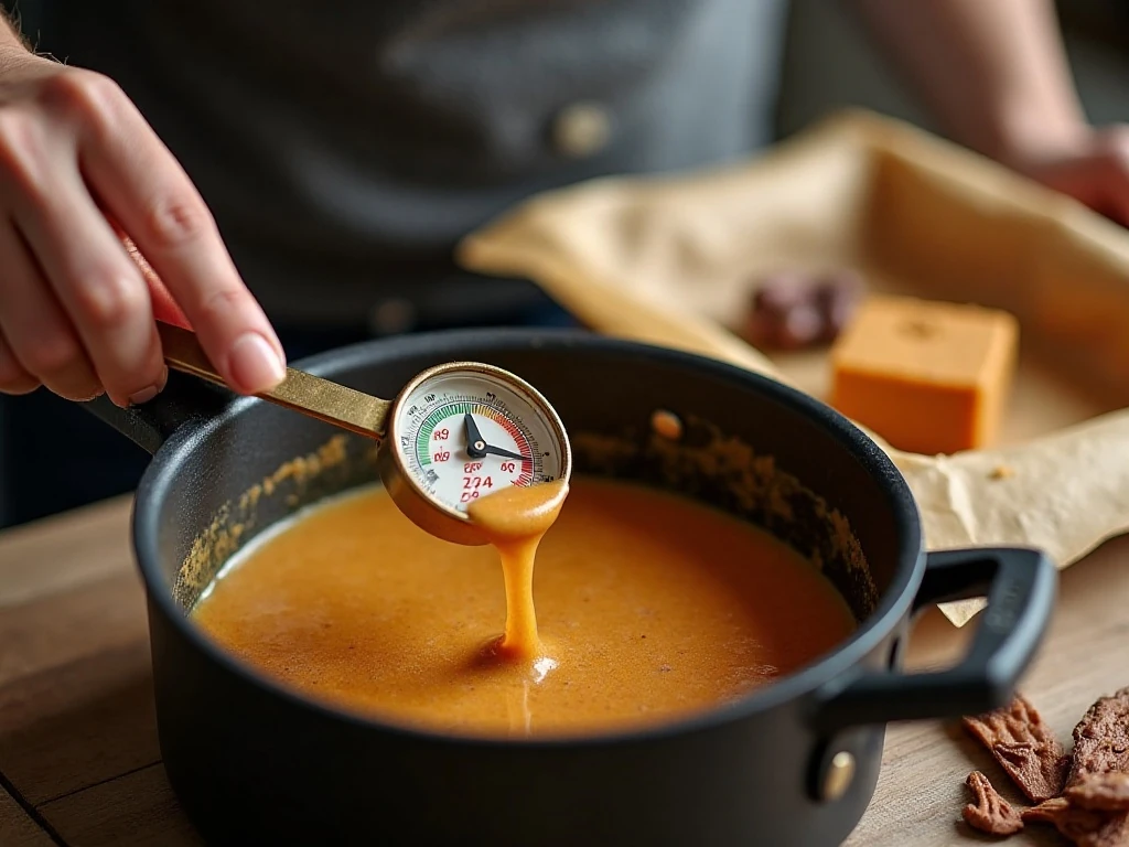 Candy thermometer showing 234 degrees for pumpkin fudge