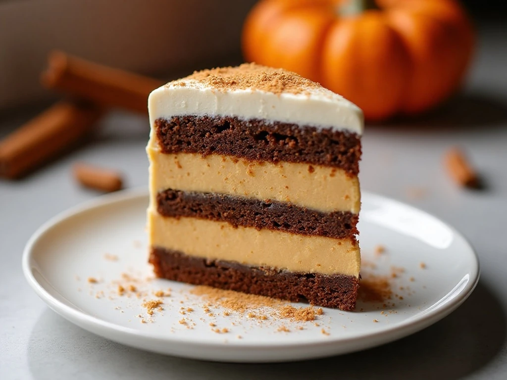 Slice of creamy pumpkin spice icebox cake with chocolate wafer layers