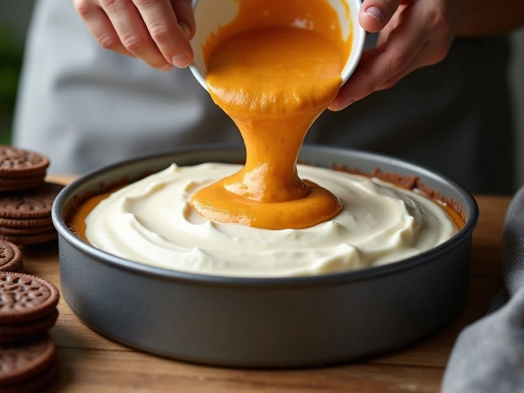 Folding pumpkin mixture into whipped cream for icebox cake