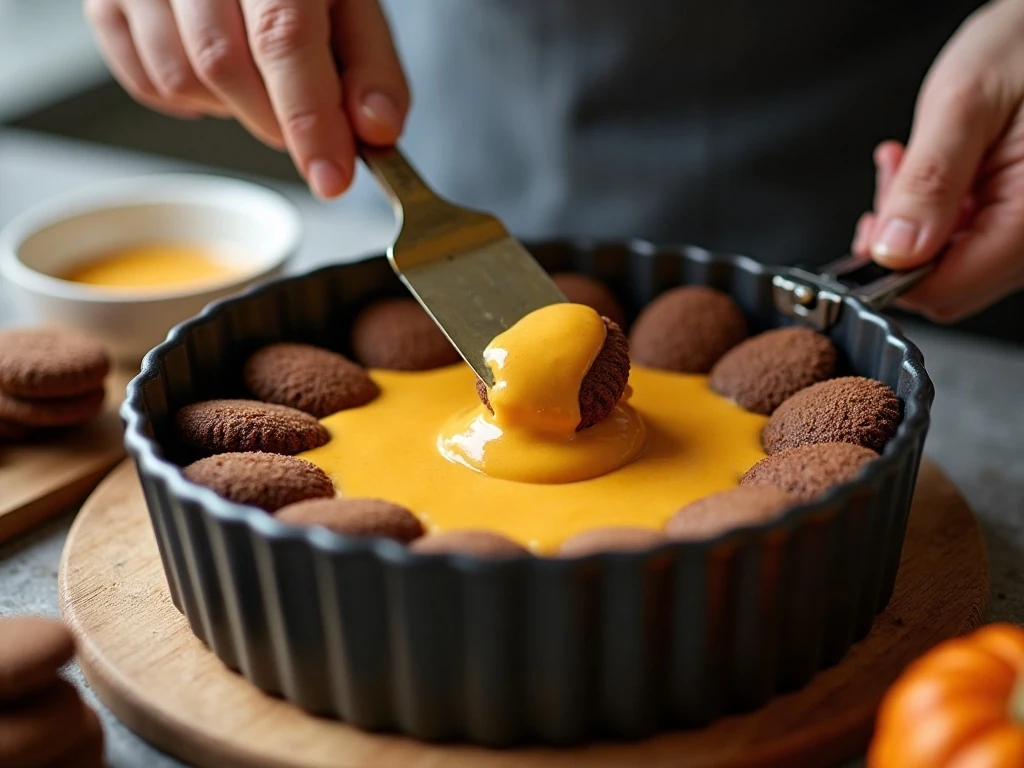 Spreading pumpkin cream over chocolate wafers in a springform pan