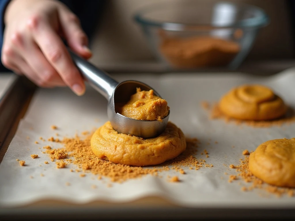 Scooping pumpkin cookie dough onto a parchment-lined baking sheet