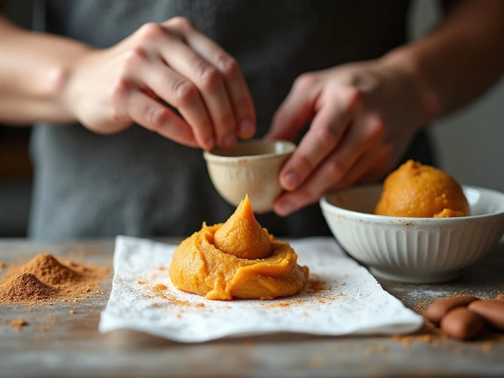 Blotting pumpkin purée to prepare soft pumpkin cookie dough