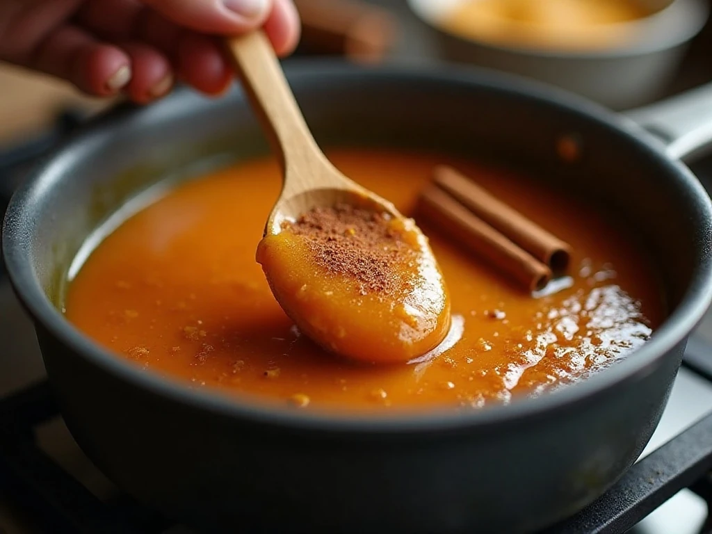 Pumpkin spice sauce gently simmering in a saucepan