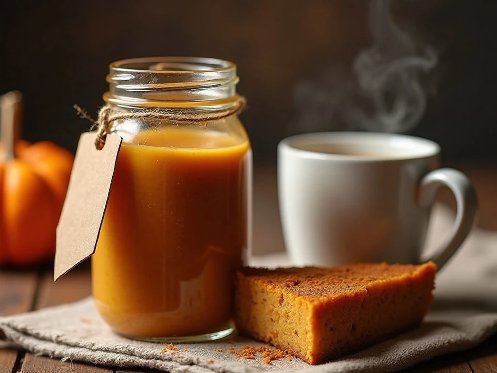 Jar of refrigerated pumpkin spice sauce served with coffee and dessert