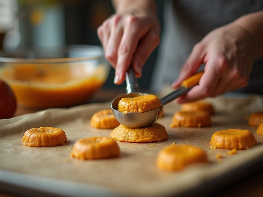 Portioning pumpkin spice cake batter onto a baking sheet