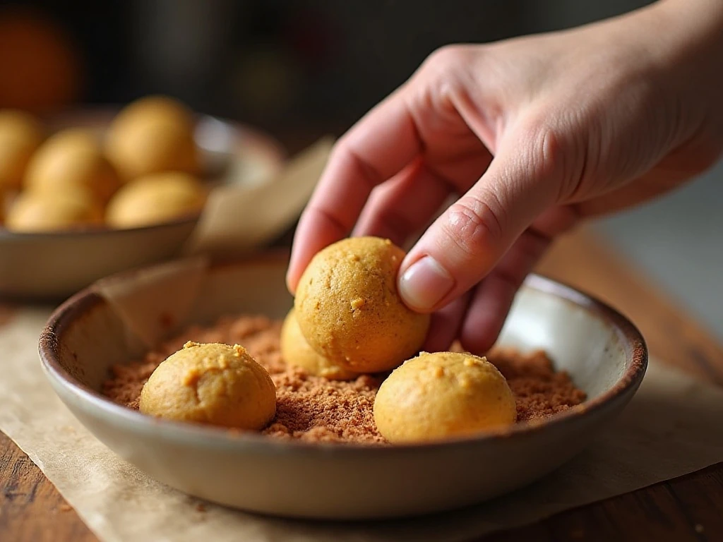 Cookie dough balls being coated in cinnamon sugar