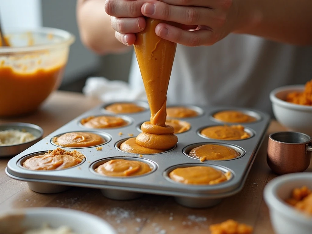 Piping pumpkin cake batter into a mini-muffin pan