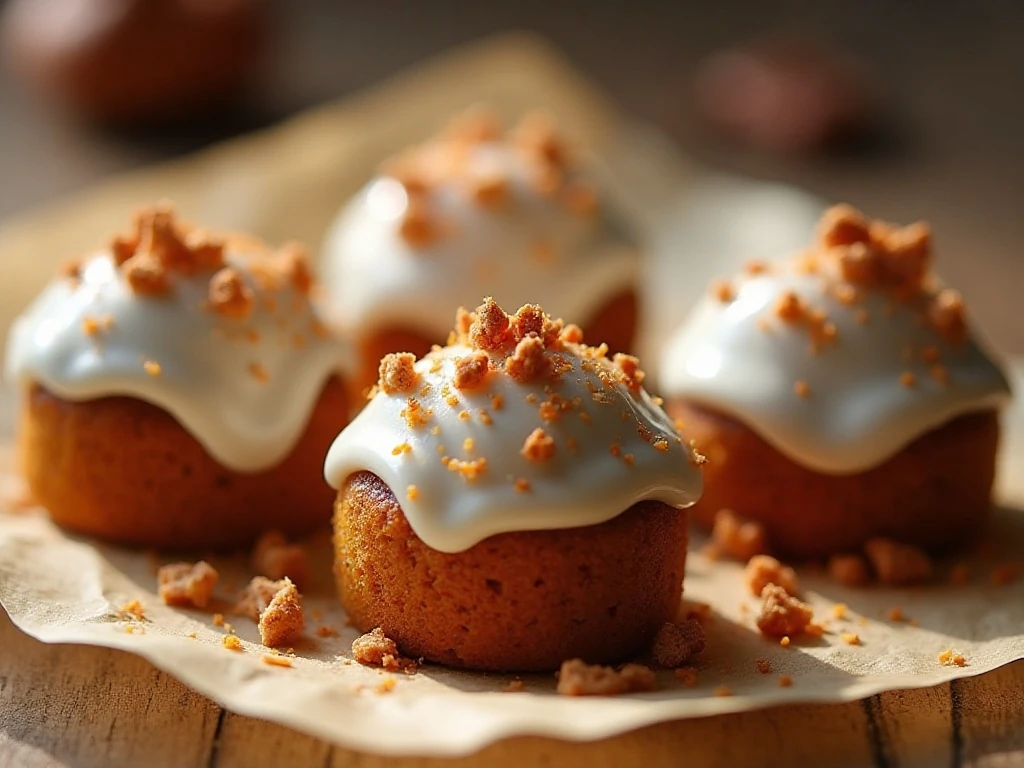 Close-up of glazed pumpkin cake bites with pecans and sprinkles