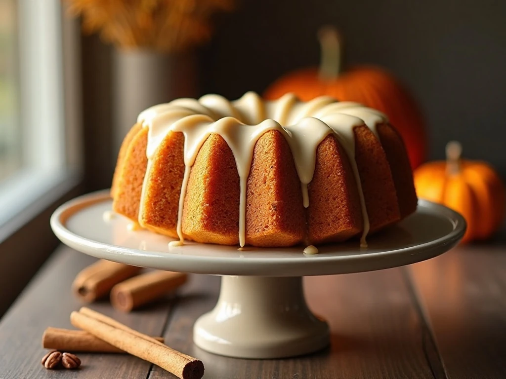 Glazed pumpkin streusel Bundt cake ready to serve