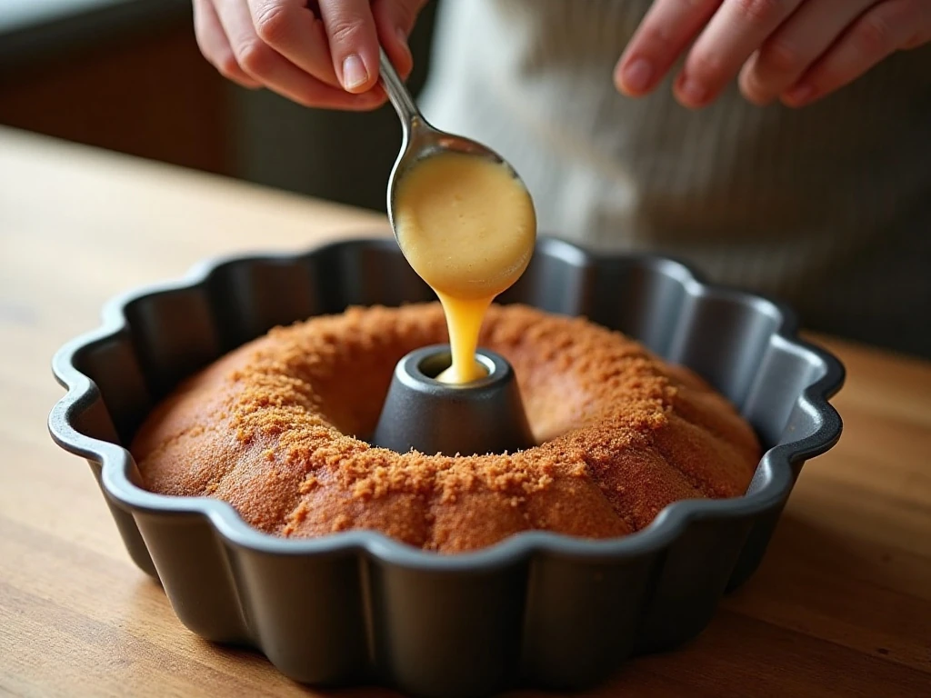 Layering pumpkin cake batter and streusel in a Bundt pan