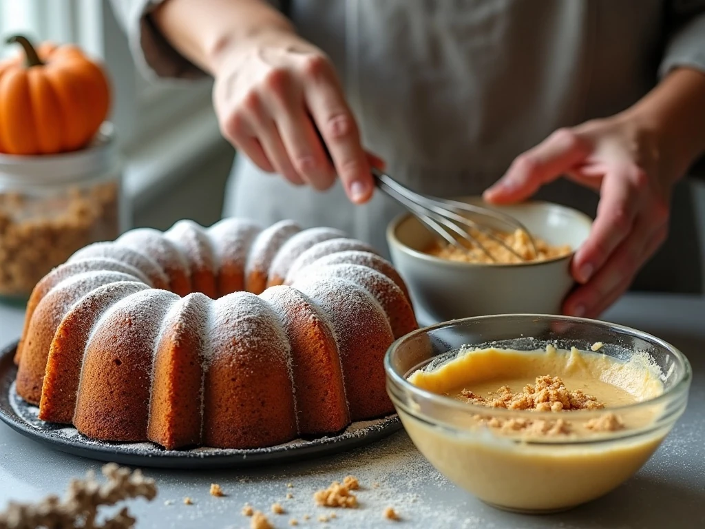 Prepared Bundt pan and homemade streusel for pumpkin cake