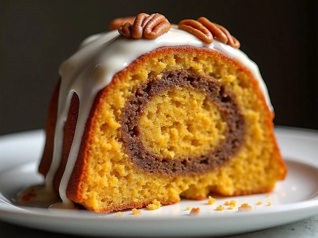 Close-up slice showing pumpkin cake and cinnamon streusel filling