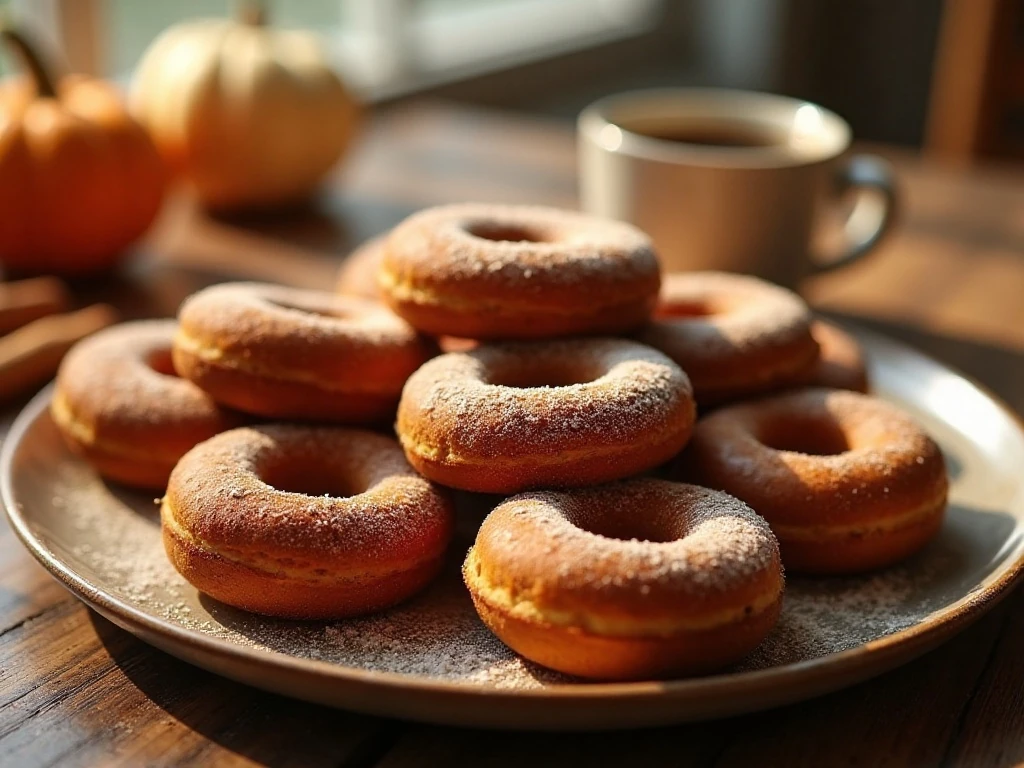 Baked pumpkin sugar donuts arranged on a platter for breakfast