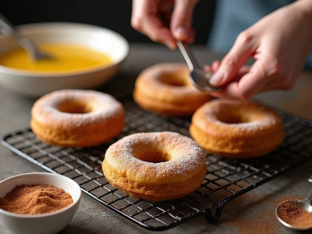 Fresh pumpkin donuts cooling before cinnamon sugar coating