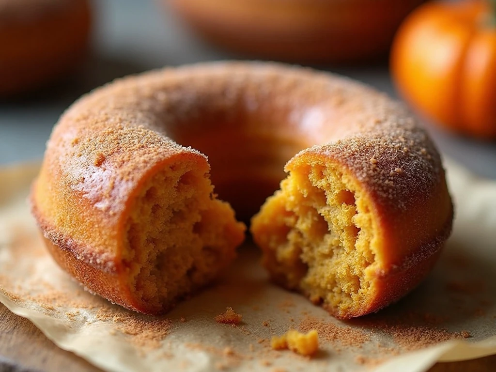 Close-up of the soft crumb and cinnamon sugar coating on a pumpkin donut