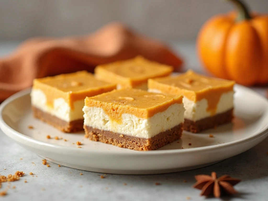 Pumpkin swirl cheesecake bars arranged on a platter