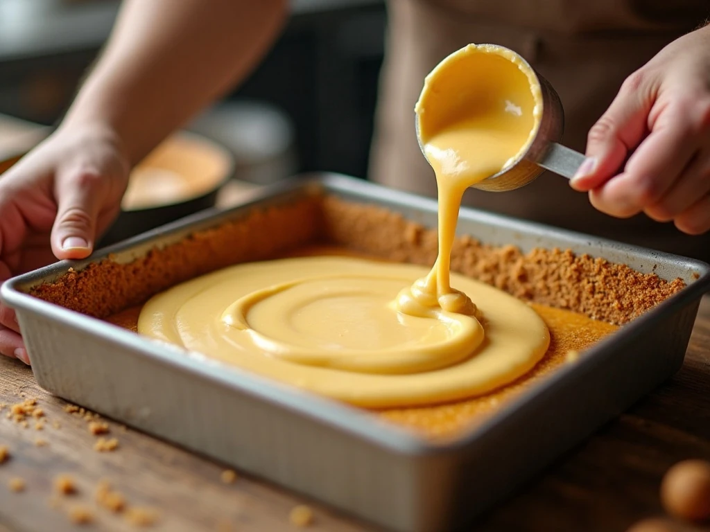 Smooth pumpkin cheesecake batter spread over graham cracker crust